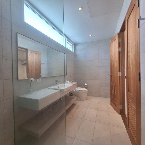 Une salle de bain moderne avec une douche à l’italienne en verre, un grand miroir et une armoire en bois.