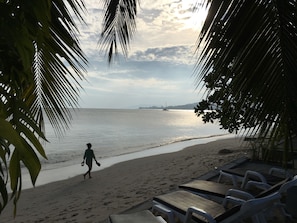 Private beach, white sand, sun-loungers, beach umbrellas