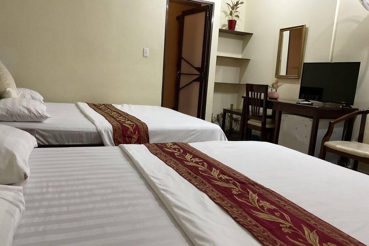 Une chambre d’hôtel avec deux lits, un bureau, une chaise, une télévision et une plante en pot.