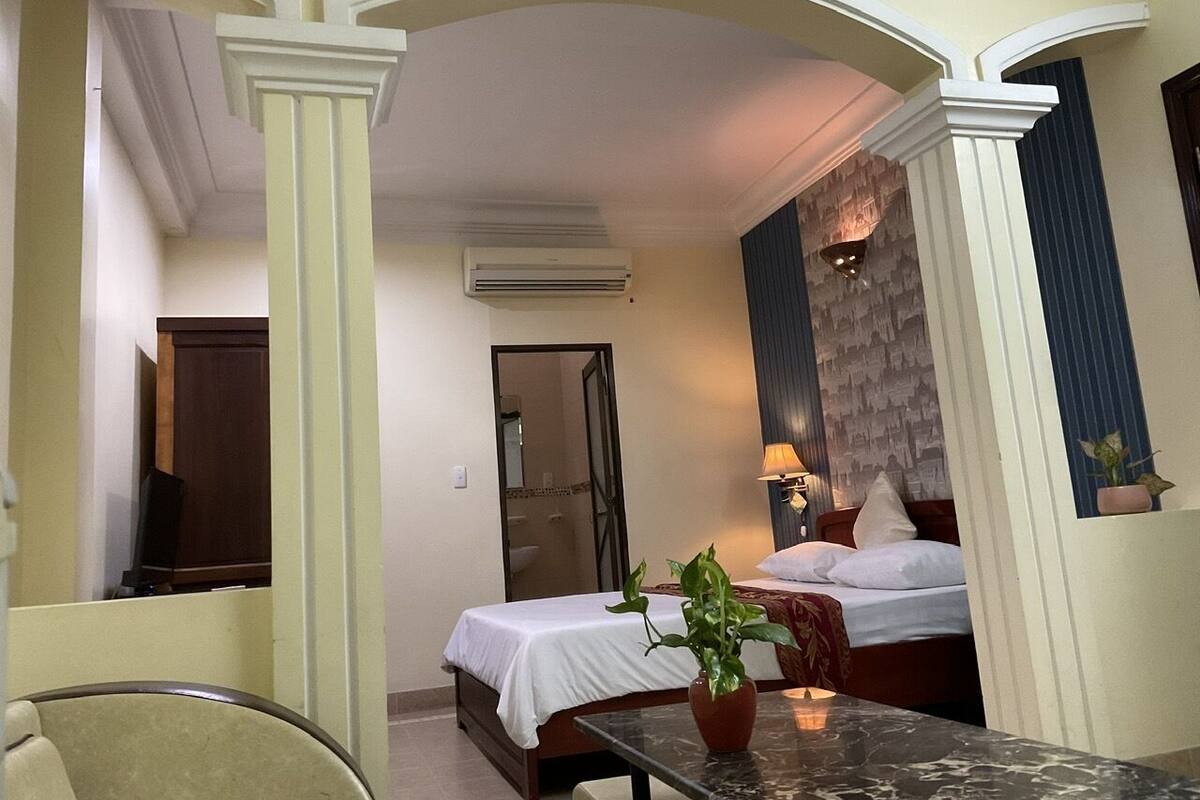 Une chambre d’hôtel avec un lit, un bureau et une chaise. Il y a une plante en pot sur le bureau.