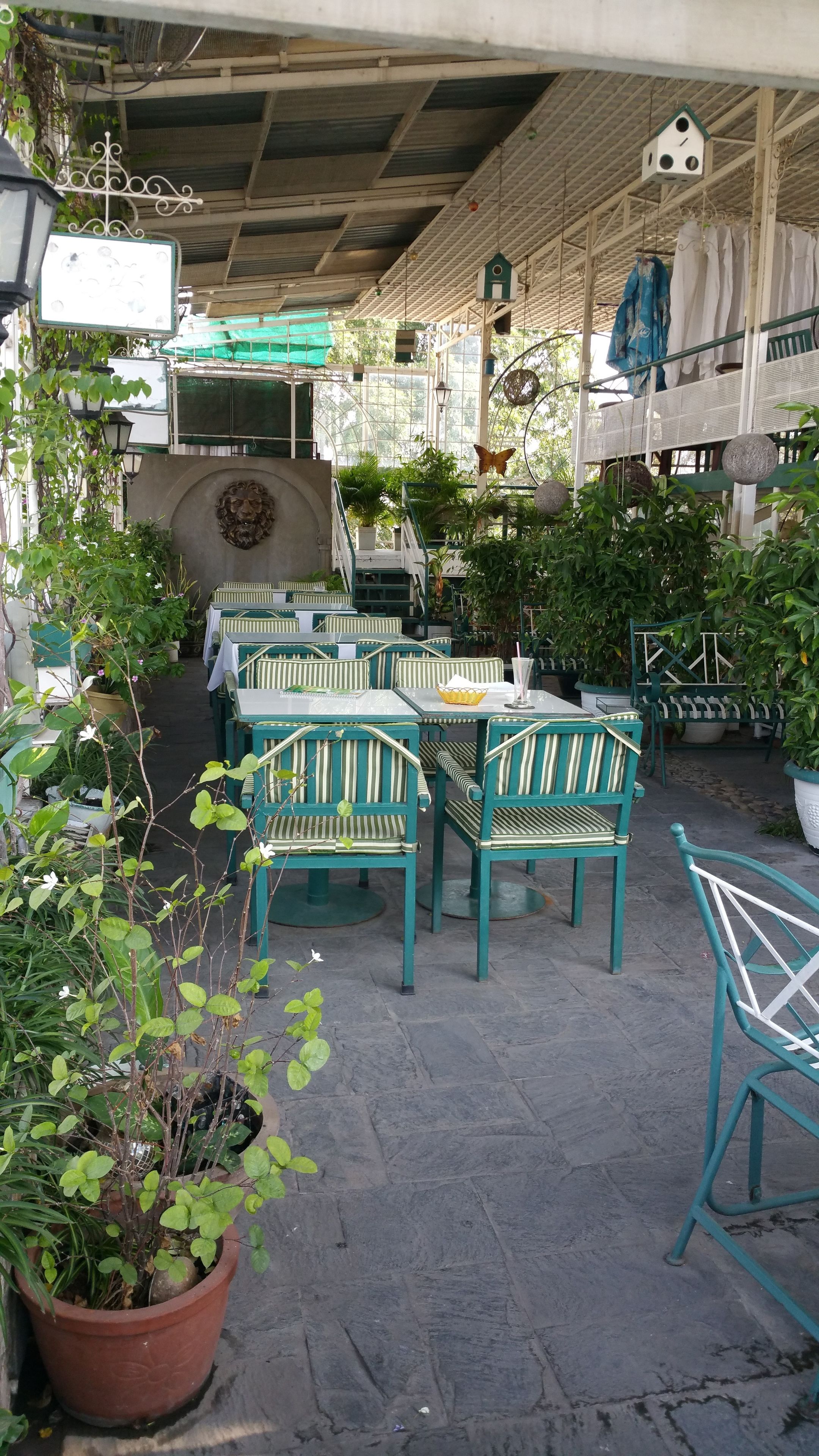 An outdoor patio area with green striped chairs and tables, surrounded by potted plants and a covered section with hanging birdhouses.
