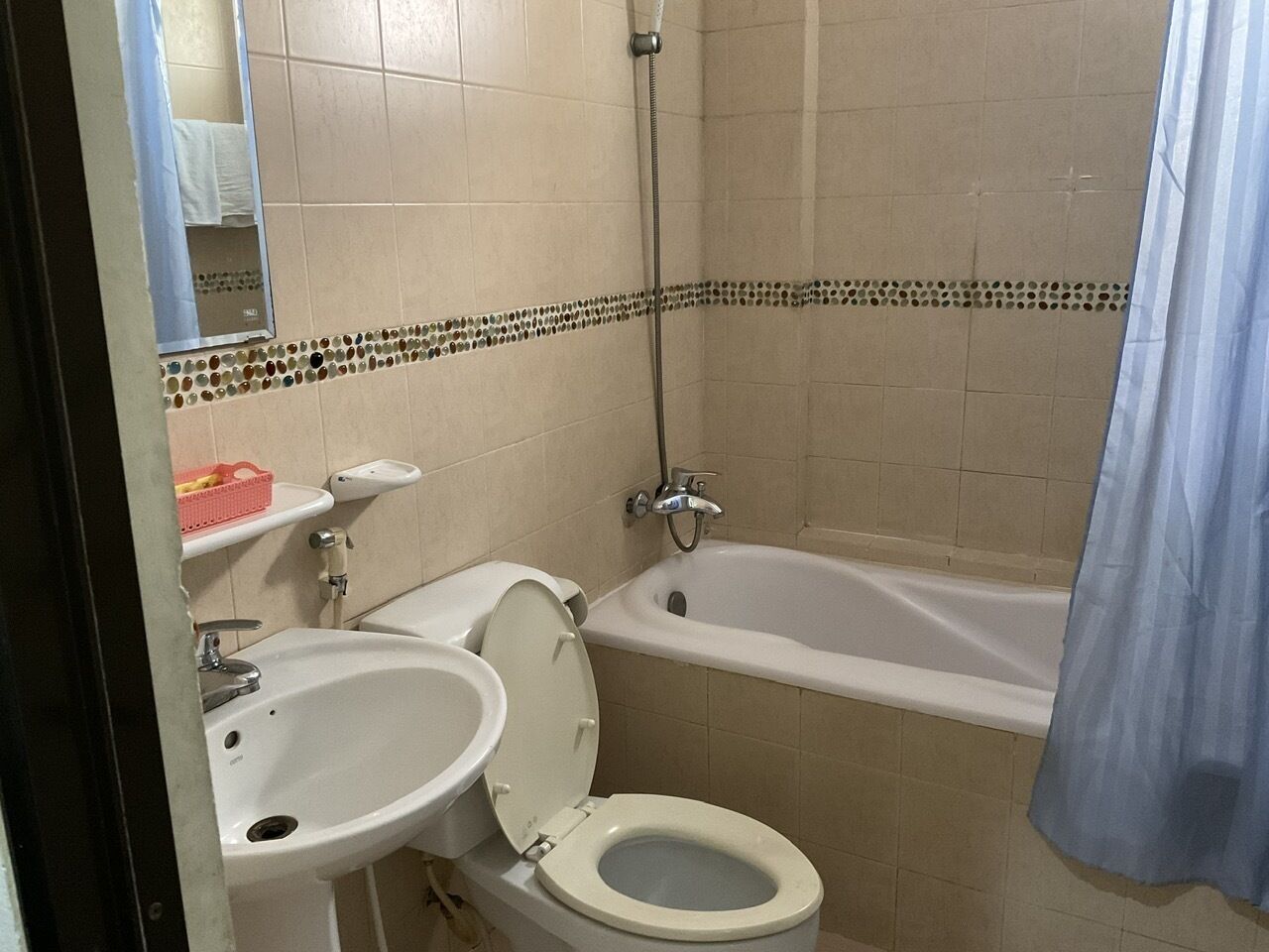 Une salle de bain avec des toilettes, un lavabo et une baignoire.