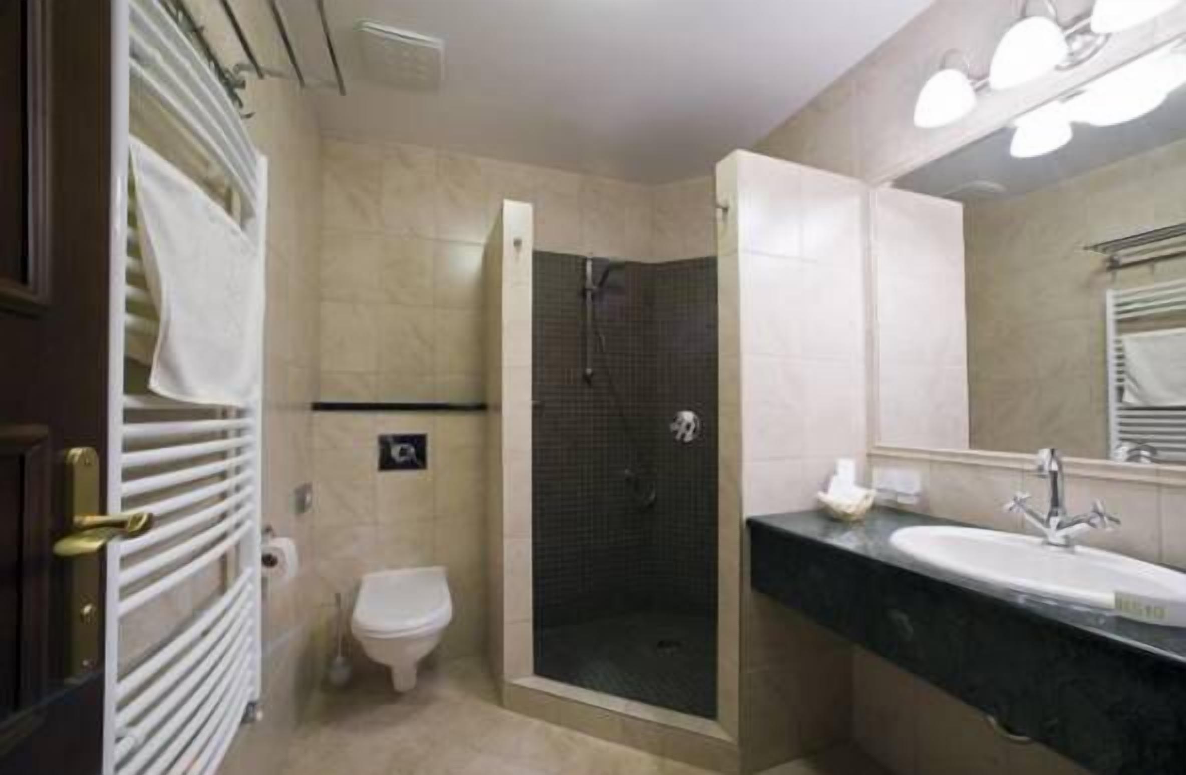 Un baño moderno con ducha, inodoro y lavamanos.