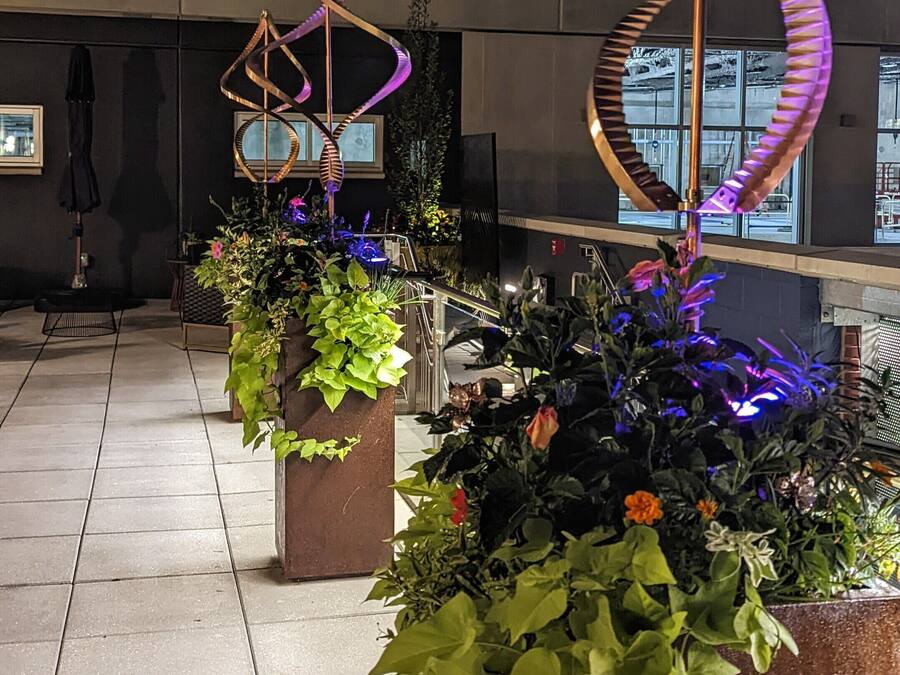 Een modern interieur met abstracte metalen sculpturen en potplanten.