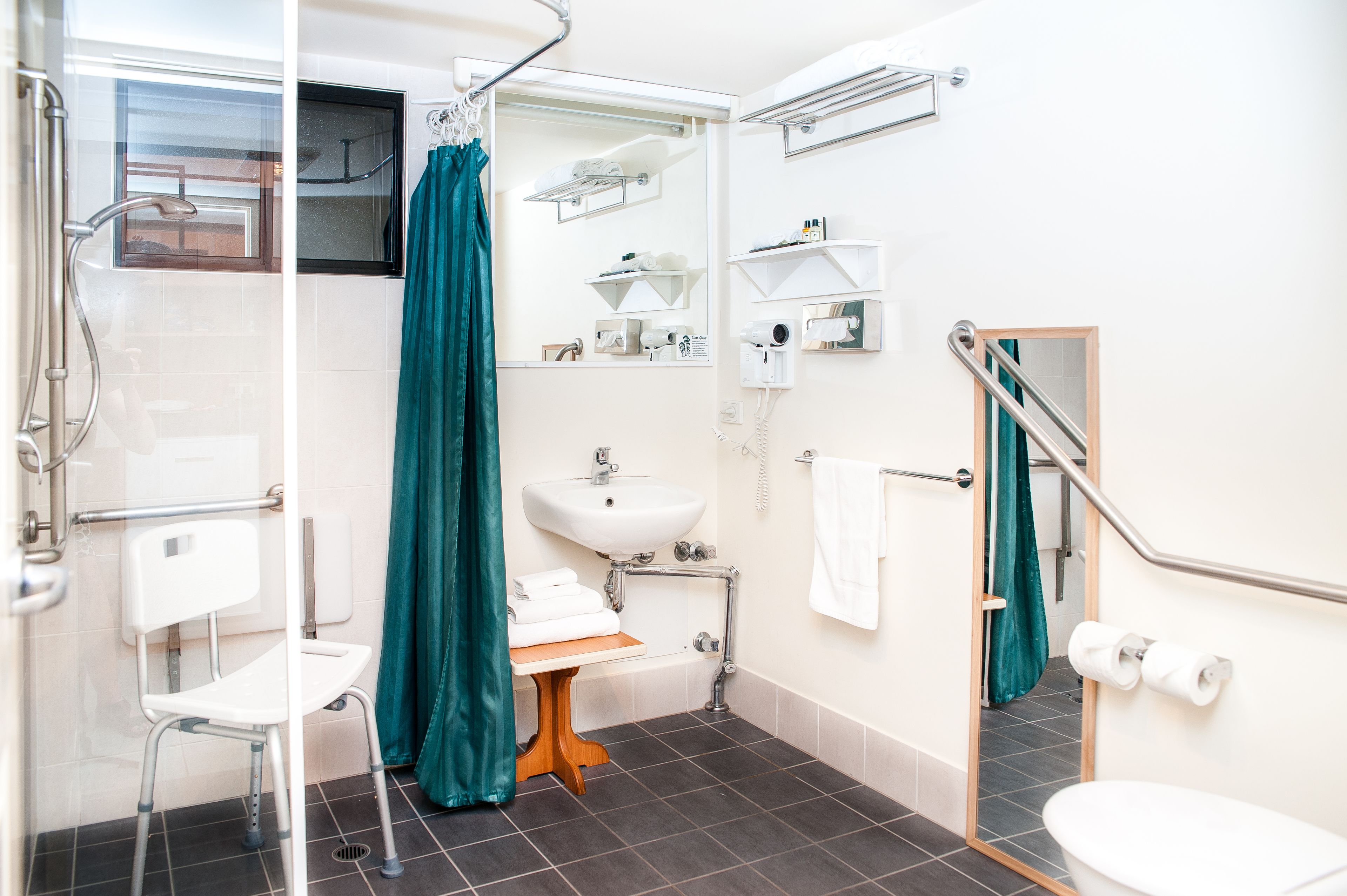 A modern bathroom with a shower, sink, toilet, and a wheelchair-accessible chair.