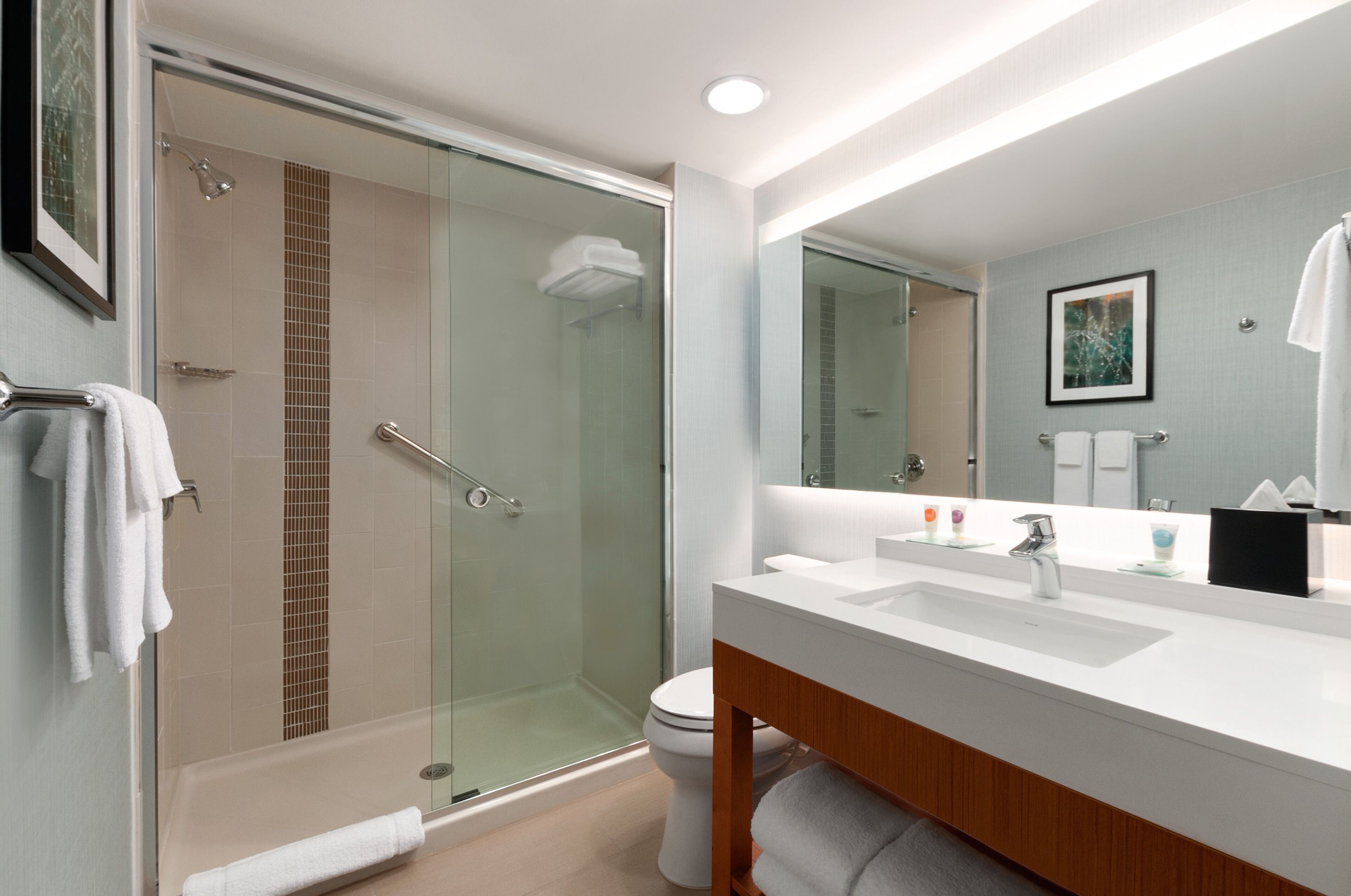 designer toiletries, hair dryer, towels