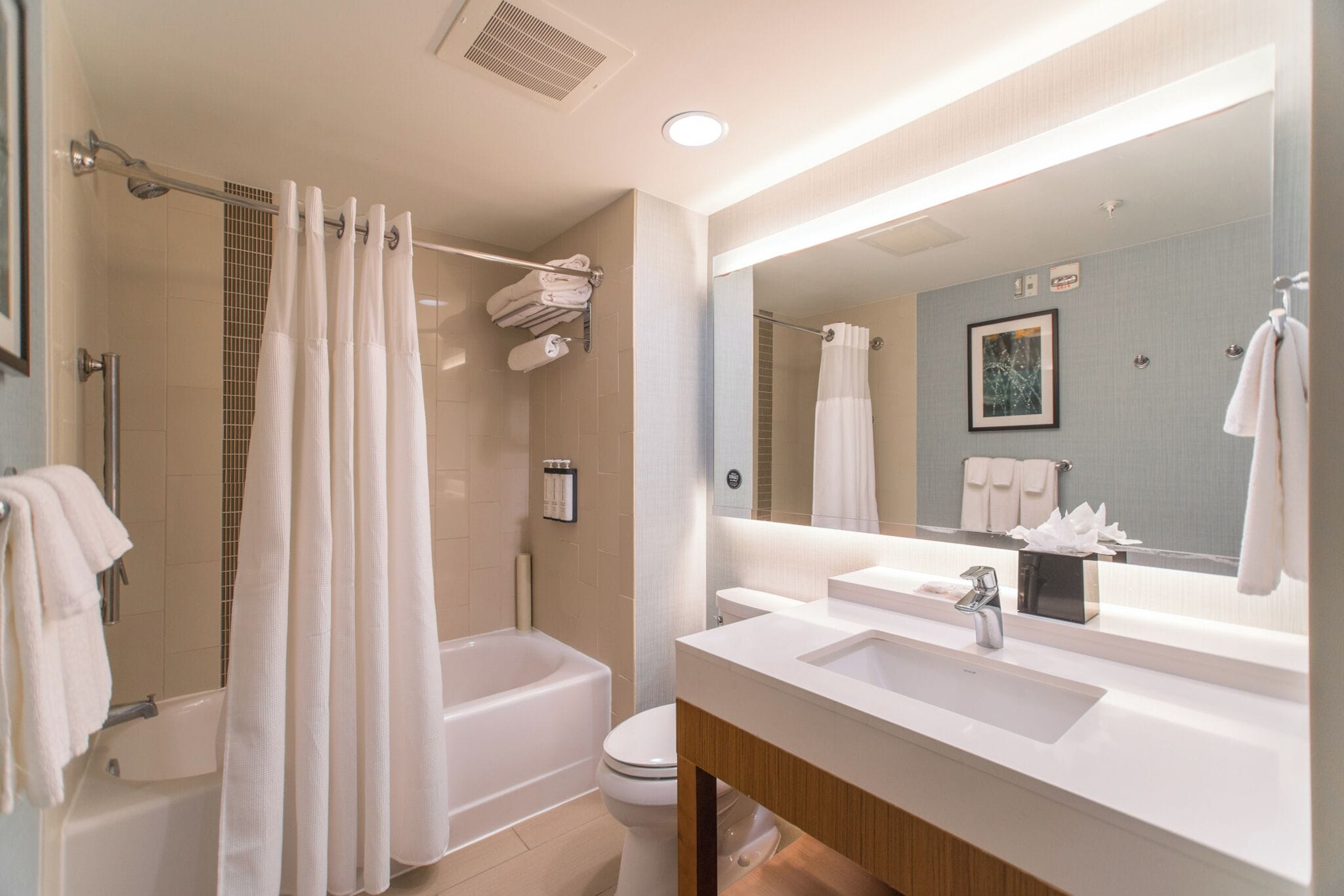 designer toiletries, hair dryer, towels