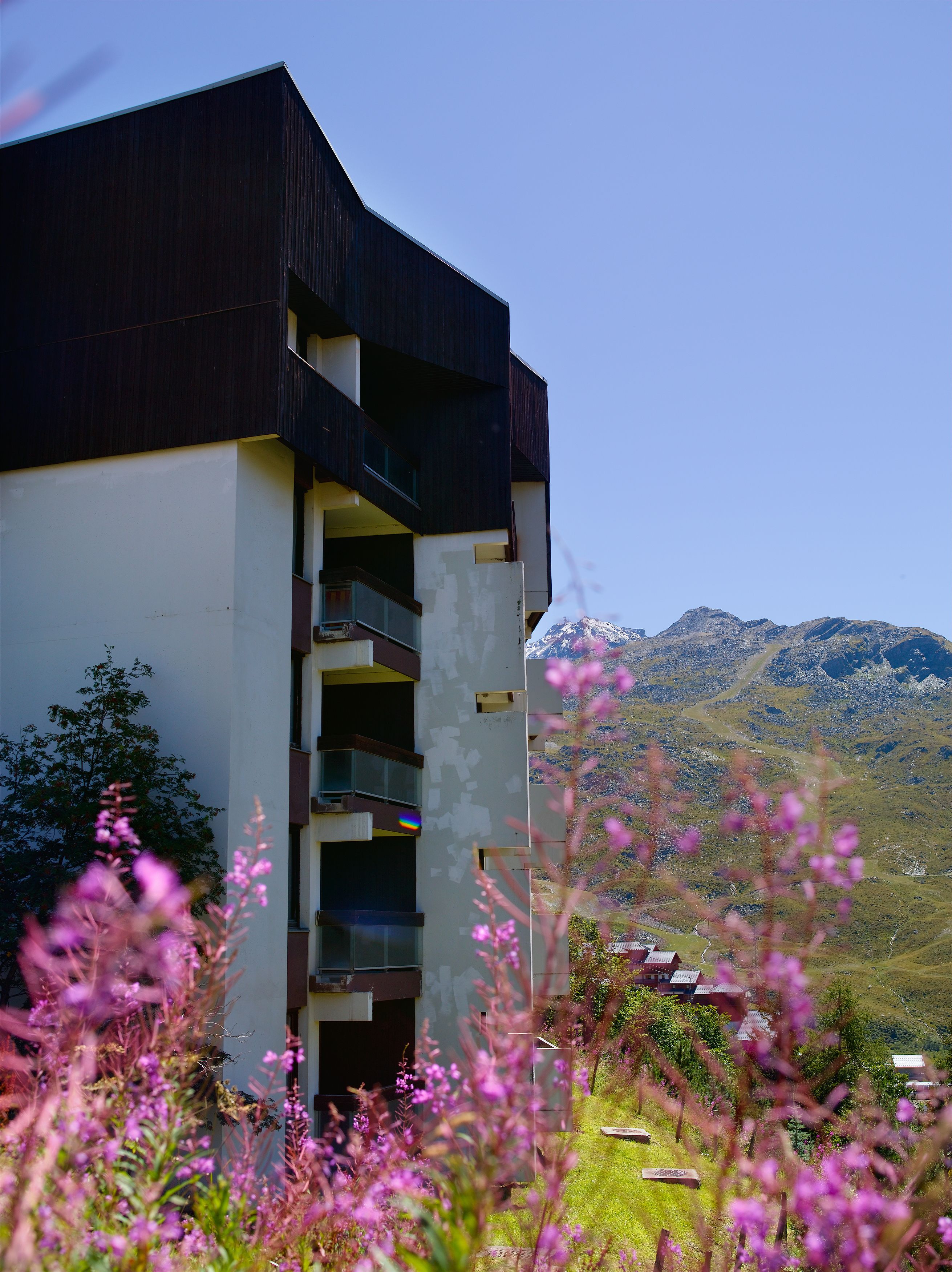 A modern building with a sloped roof and multiple balconies, surrounded by a lush garden with purple flowers, set against a backdrop of mountains.