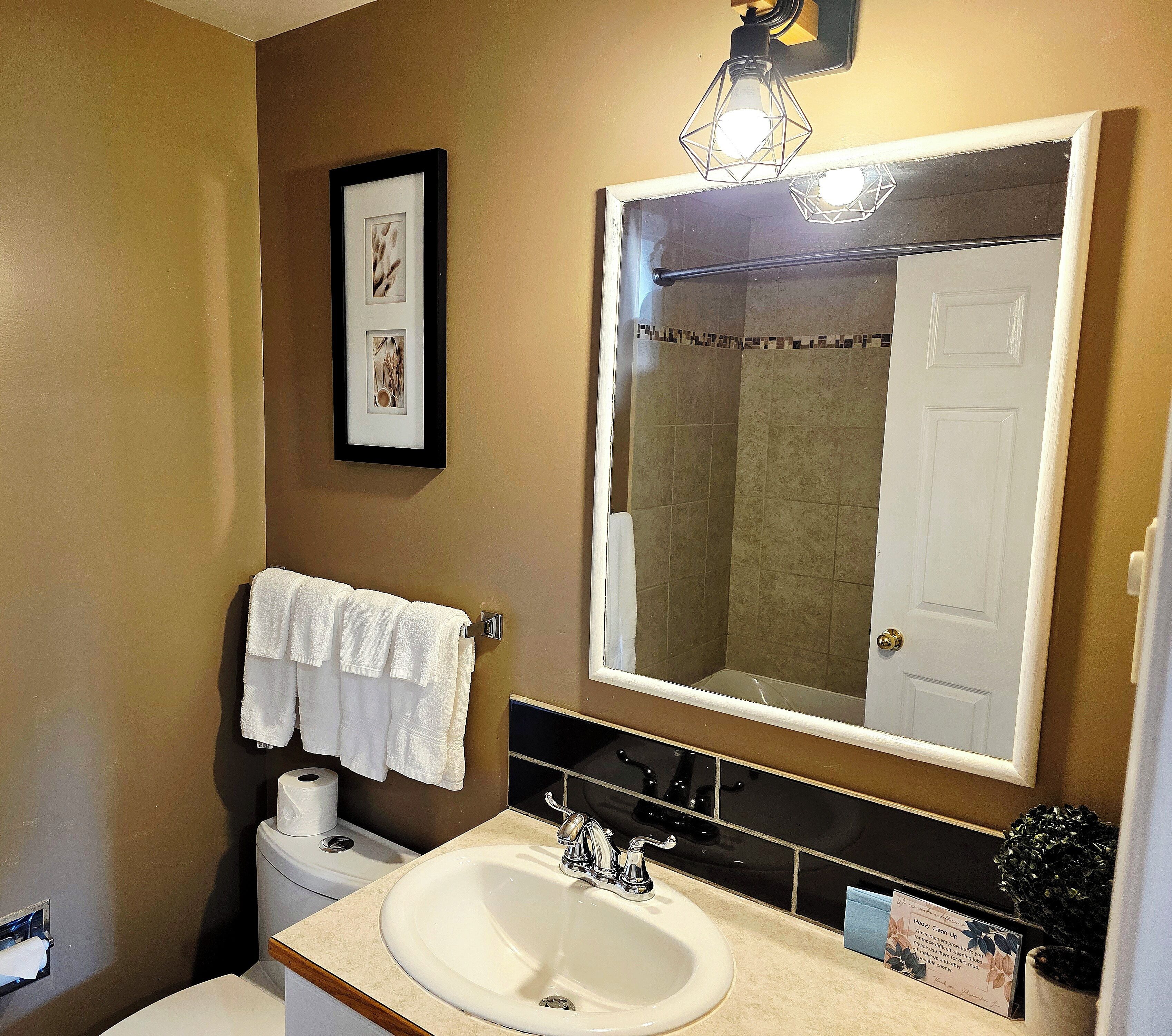A bathroom with a white sink, a framed picture on the wall, and a large mirror above the sink.