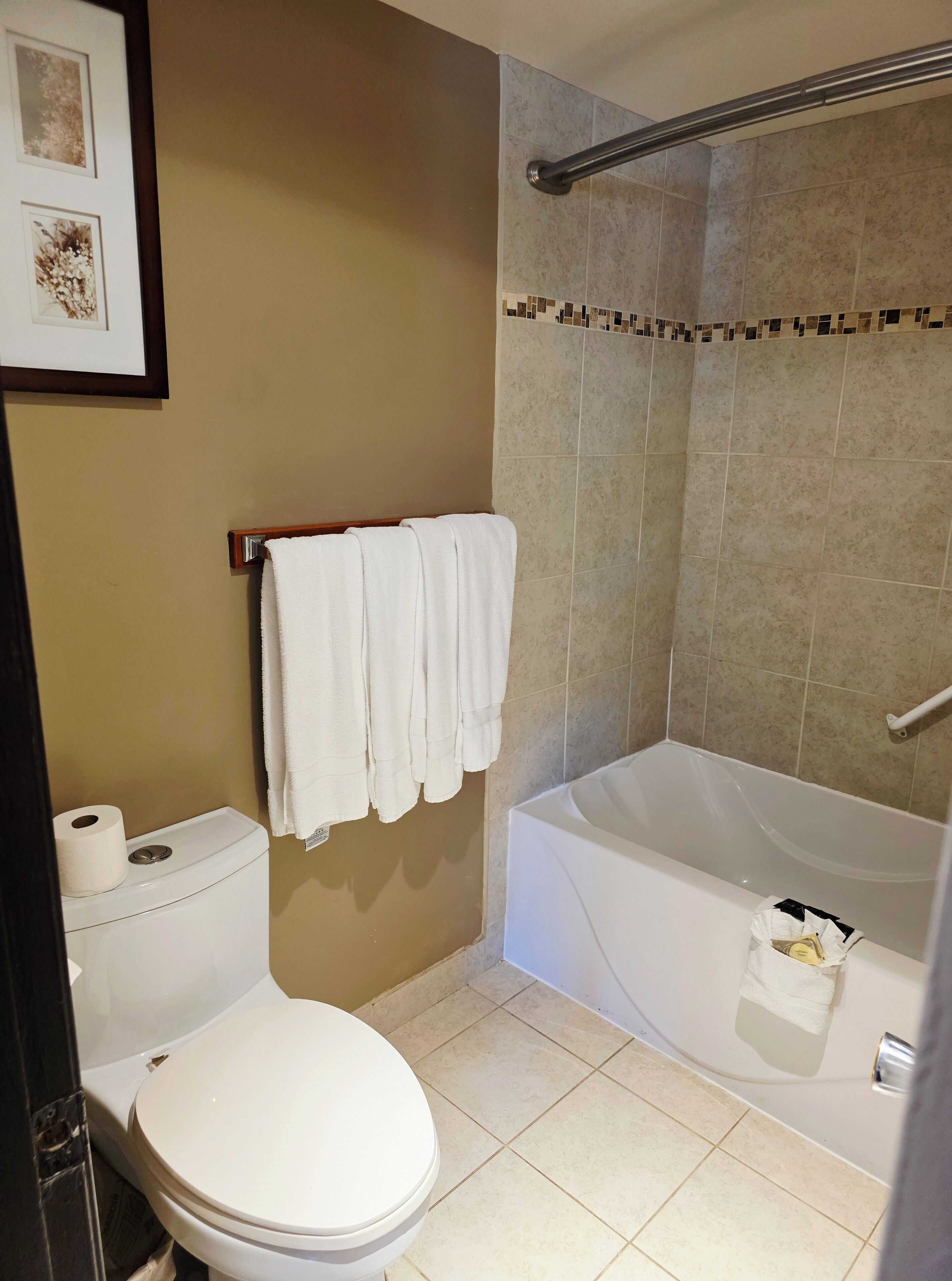Une salle de bain équipée de toilettes, d’une baignoire et d’une douche. Des serviettes sont suspendues à un porte-serviettes.