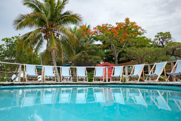 Outdoor pool, pool umbrellas, pool loungers