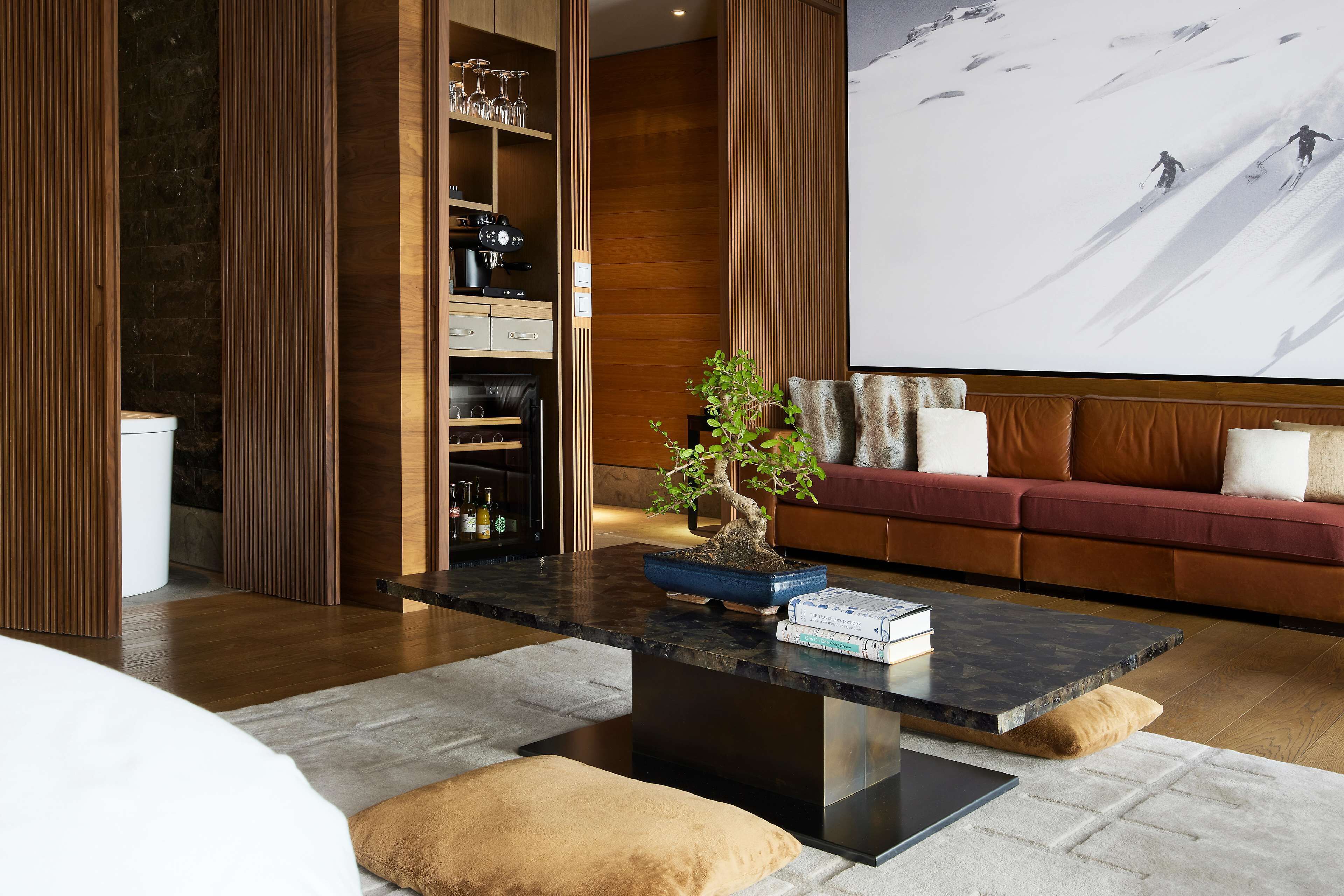 A modern living room with a wooden accent wall, a sofa, a coffee table with books, a bonsai tree, and a large screen displaying a ski scene.
