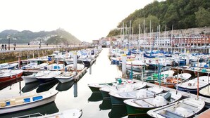 A marina with numerous boats docked in rows, surrounded by a hilly landscape. - Hotel Zaragoza Plaza (San Sebastián)