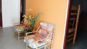 Dos sillones de mimbre con cojines estampados, una planta en maceta con flores amarillas y una silla de madera en una habitación con pared naranja y suelo de baldosas.
