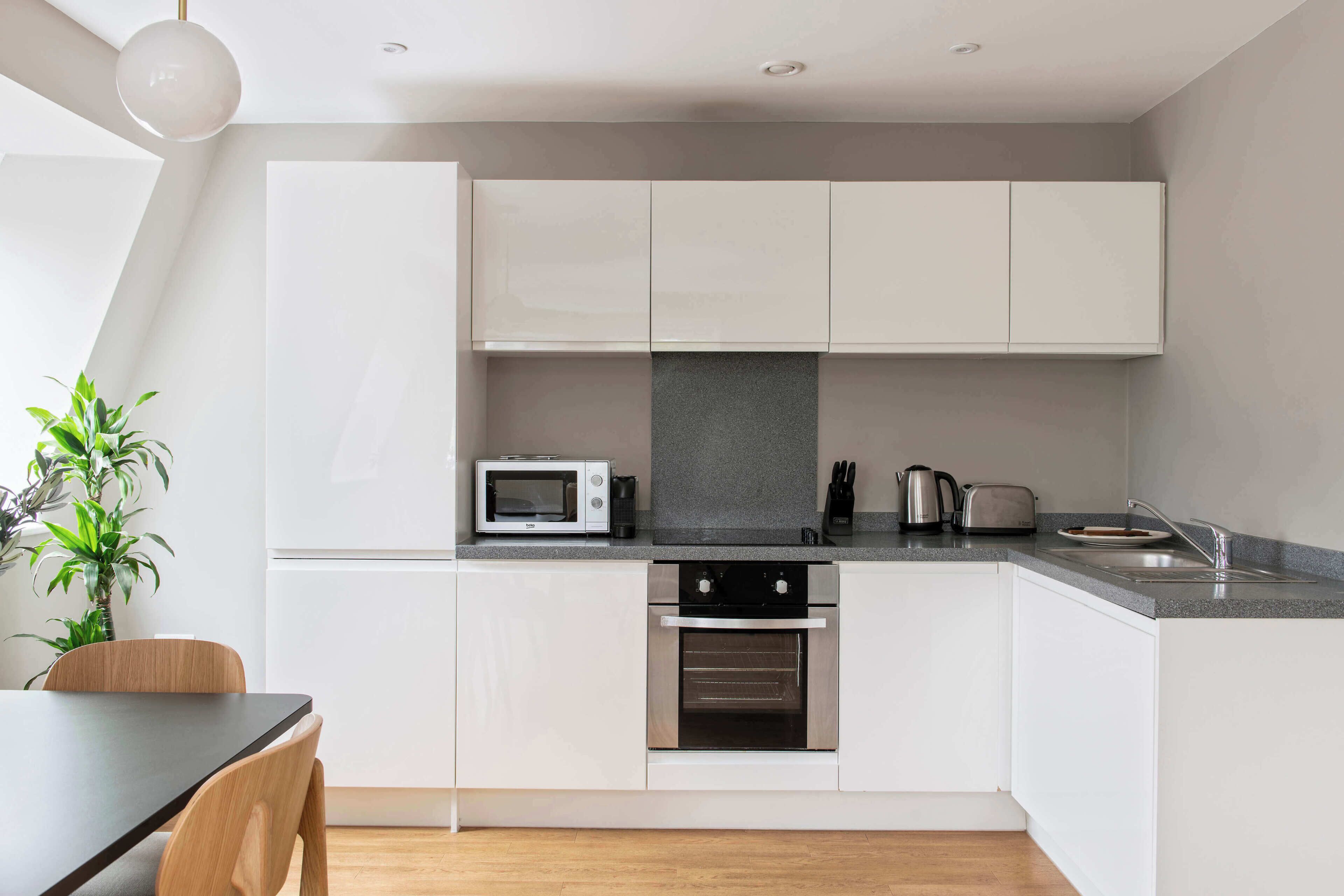 One Bedroom Apartment with Sofa Bed | Cocina privada | Refrigerador con congelador, microondas, horno y parrilla de estufa 