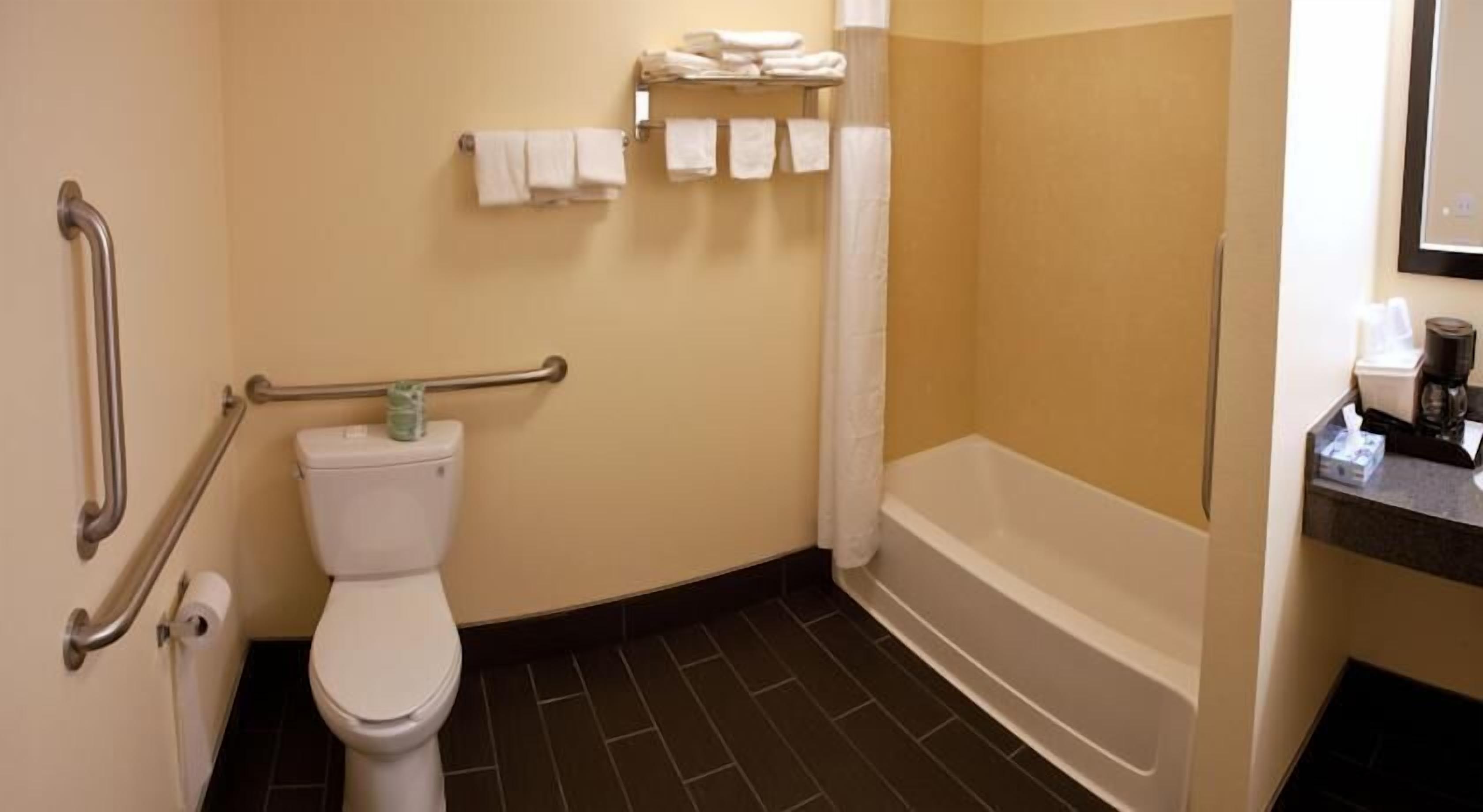 combined shower/bathtub, free toiletries, hair dryer, towels