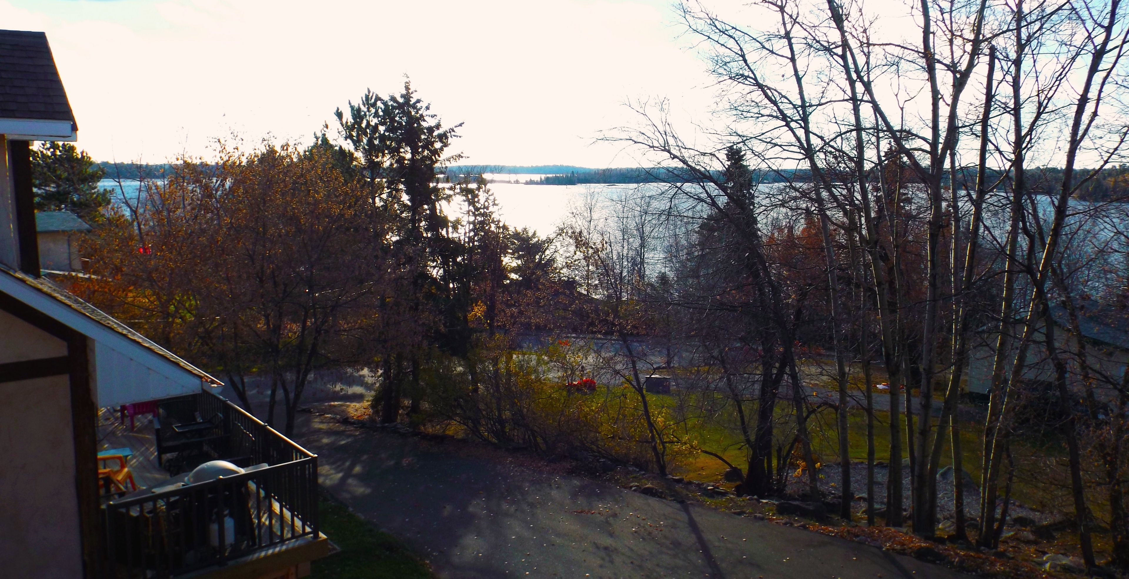 Ein Wohngebiet mit Blick auf einen See, eine Straße und ein Haus mit Balkon.