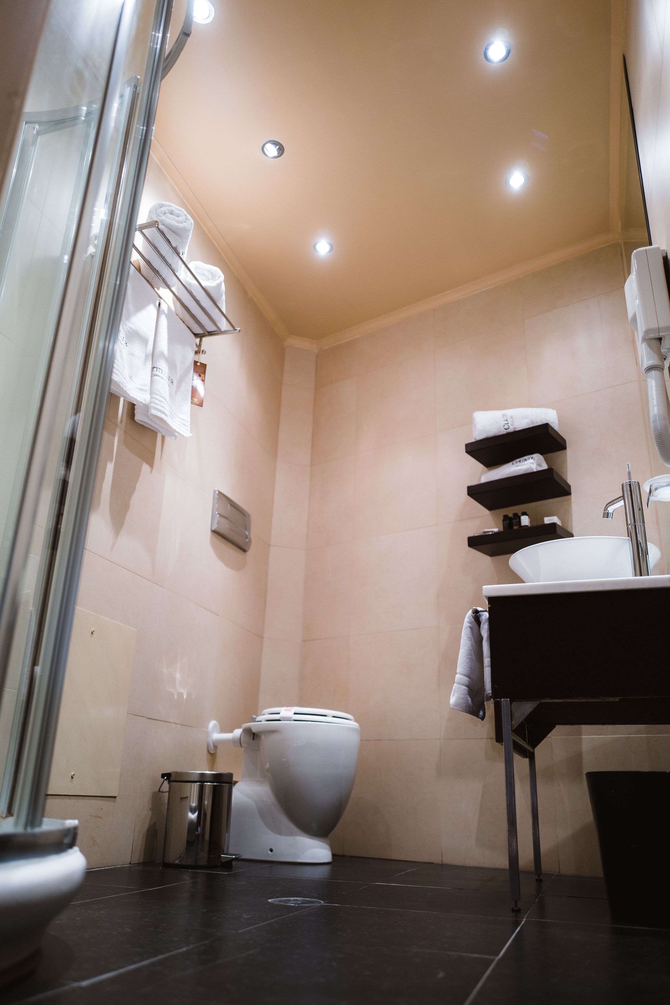 A bathroom with a toilet, sink, and towel rack.