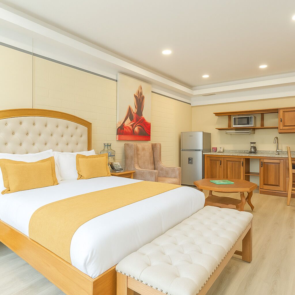 Une chambre d’hôtel avec un grand lit, un banc, un coin cuisine et une table à manger.