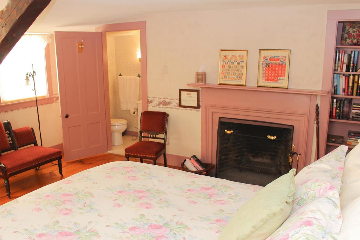 A bedroom with a large bed, a fireplace, a bookshelf, and a bathroom visible through an open door.