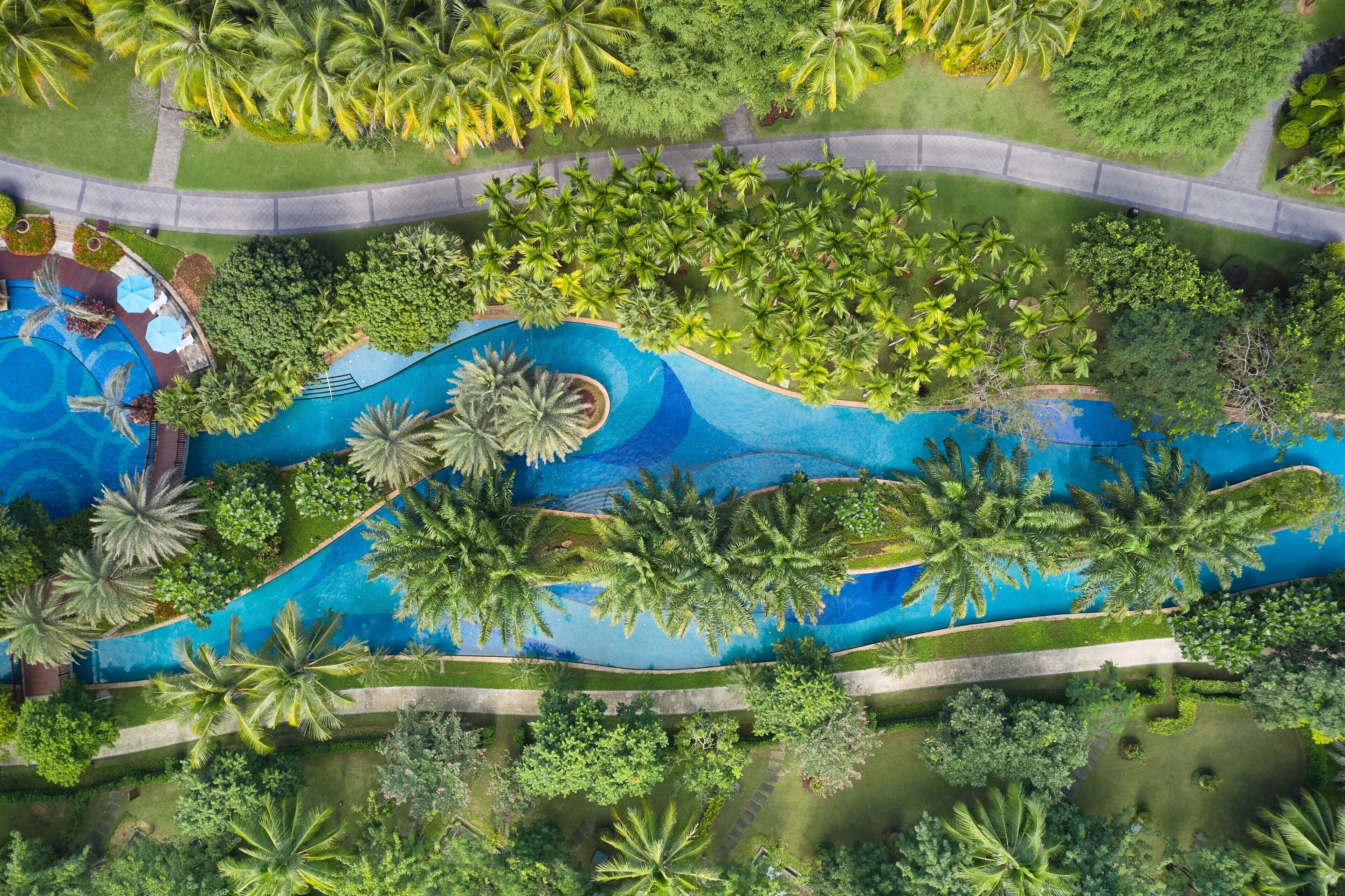 Vista aérea de un complejo turístico con una piscina serpenteante, palmeras y una carretera.