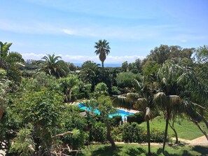 A lush garden with a pool, surrounded by dense tropical vegetation and palm trees. - Hotel La Peña (Tarifa)