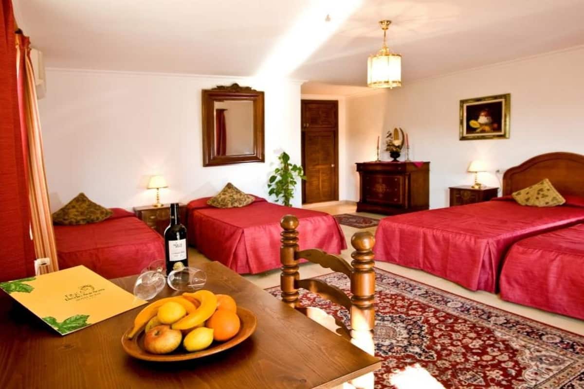 Une chambre d’hôtel avec deux lits simples, une table en bois sur laquelle se trouve un panier de fruits, une bouteille de vin et une carte.