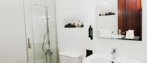 A modern bathroom with a glass-enclosed shower, a white toilet, a sink with a mirror above it, and a wooden cabinet with toiletries.
