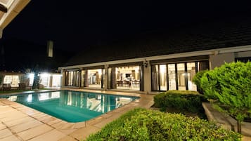 Outdoor pool, pool umbrellas, pool loungers