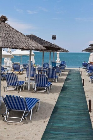 Una spiaggia con file di sdraio a righe e ombrelloni di paglia, un viale alberato che conduce all'acqua e una vista limpida sul mare.