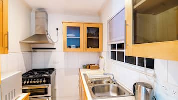 Full-sized fridge, microwave, stovetop, dishwasher