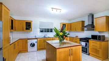 Full-sized fridge, microwave, stovetop, dishwasher