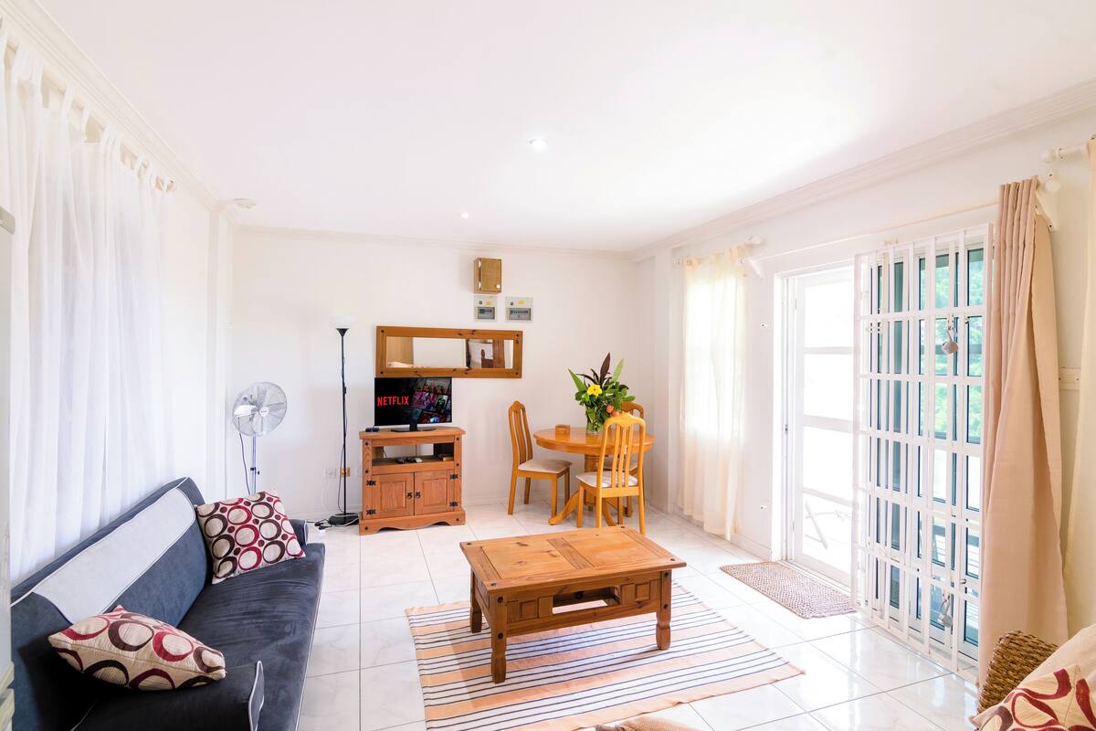 Uma sala de estar com sofá, mesa de centro, mesa de jantar com cadeiras, televisão e ventoinha.