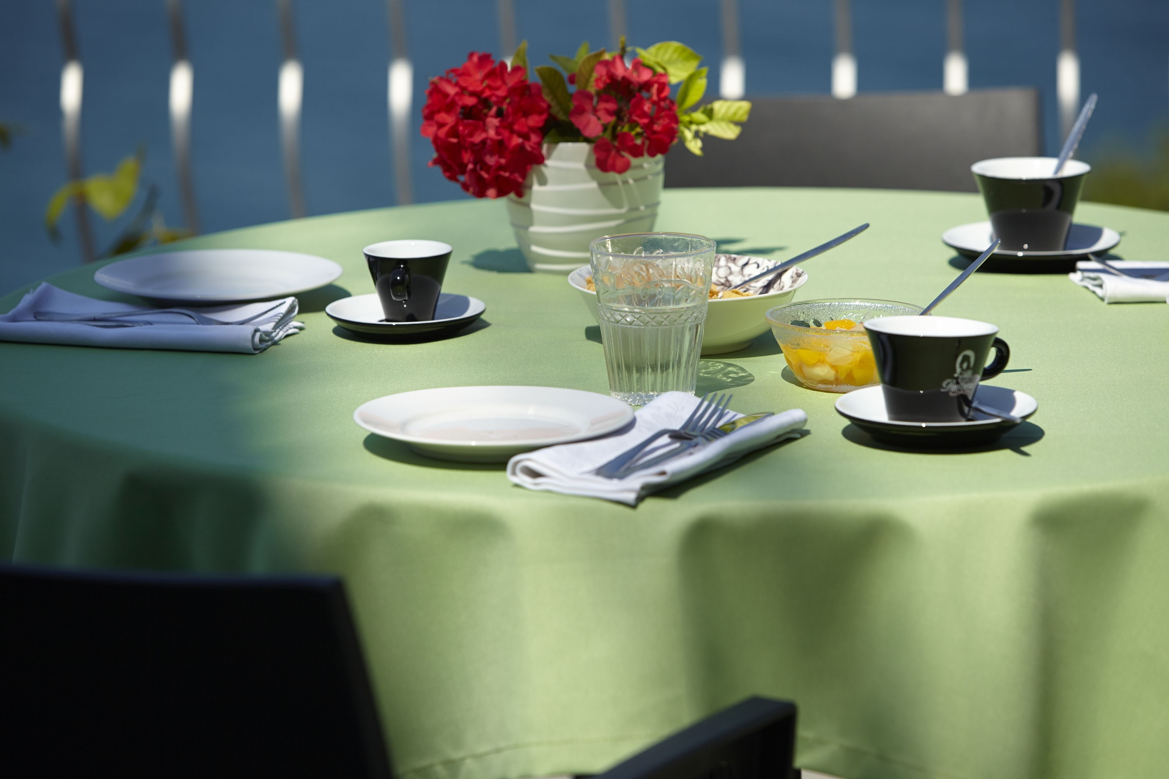 A table set with plates, cups, and a bowl of fruit, with a vase of flowers in the background.