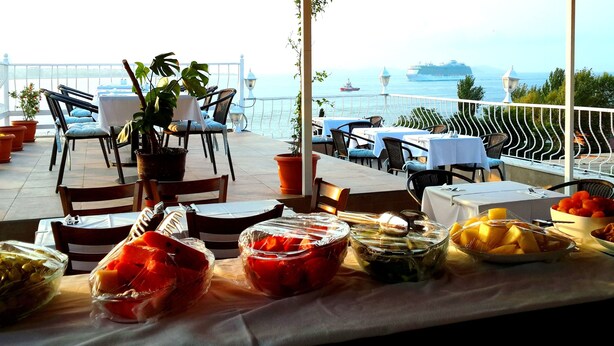 A terrace with tables and chairs, potted plants, and a view of the sea and a cruise ship. - Spinel Hotel (Istanbul)