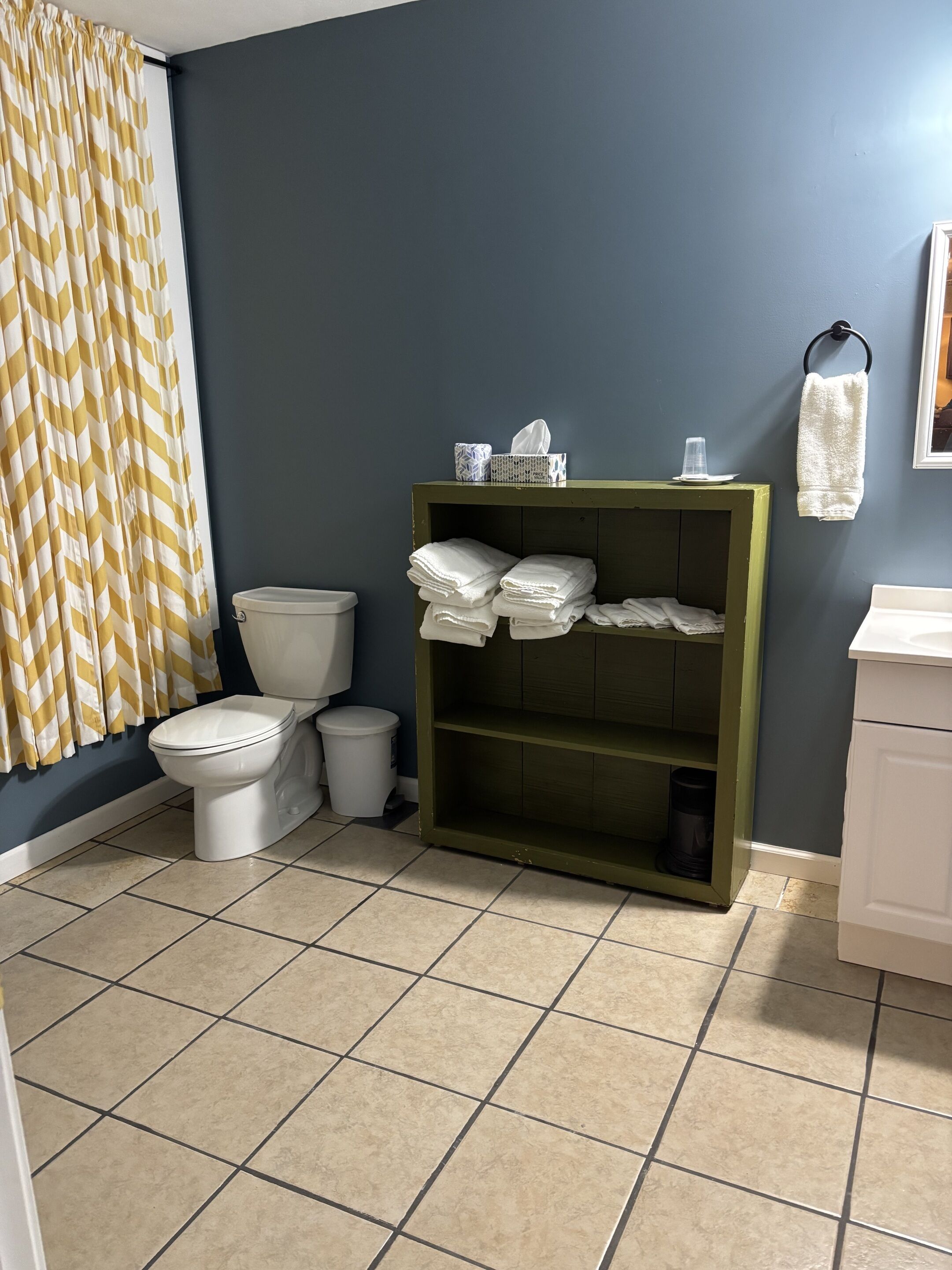 Un baño con inodoro, un cubo de basura, un estante con toallas dobladas y un perchero para toallas.