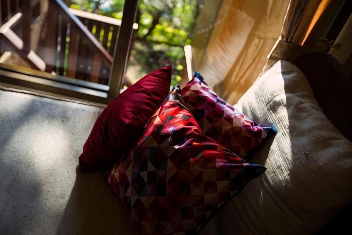 Una habitación con piso de madera, una ventana que da a zonas verdes y un sofá con cojines estampados.