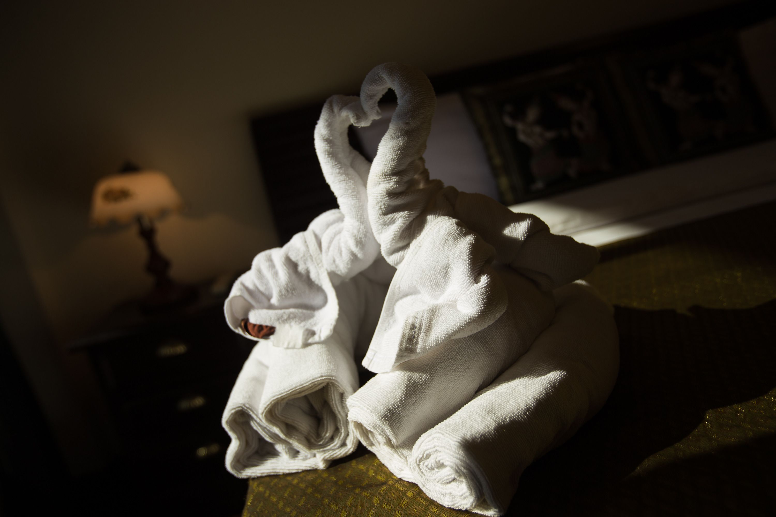 A neatly folded white towel on a bed in a dimly lit room.