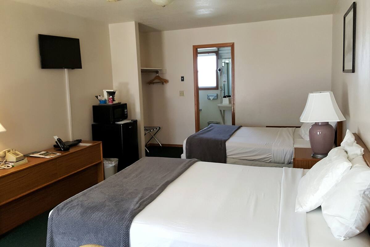A hotel room with two beds, a desk with a telephone, a television mounted on the wall, and a mirror.