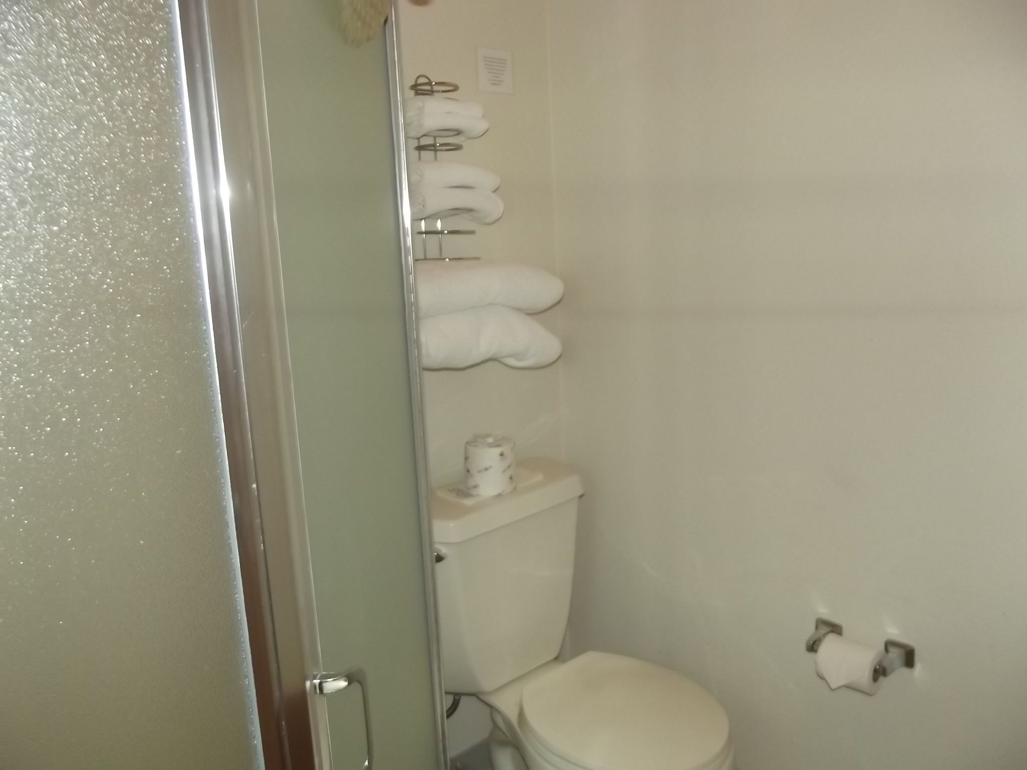 Un baño con mampara de vidrio, inodoro y toallero con toallas.