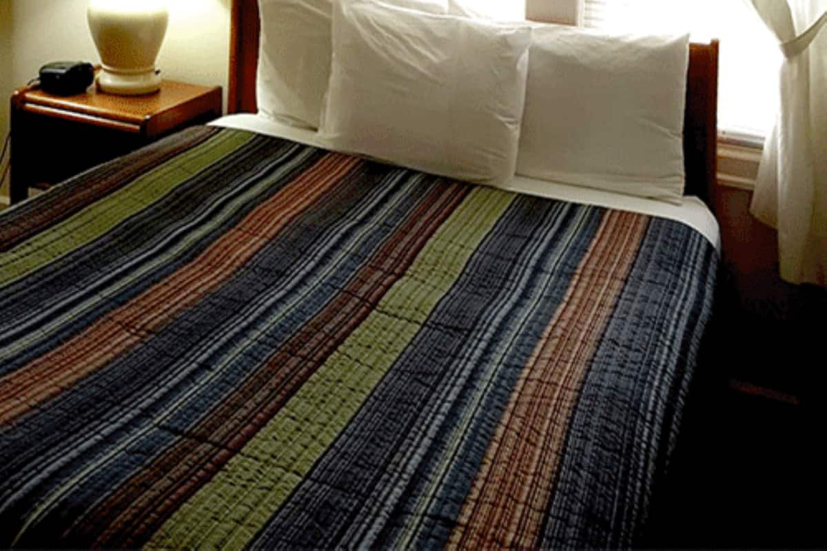 A hotel room with a striped bedspread, a bedside lamp, and a window with curtains.