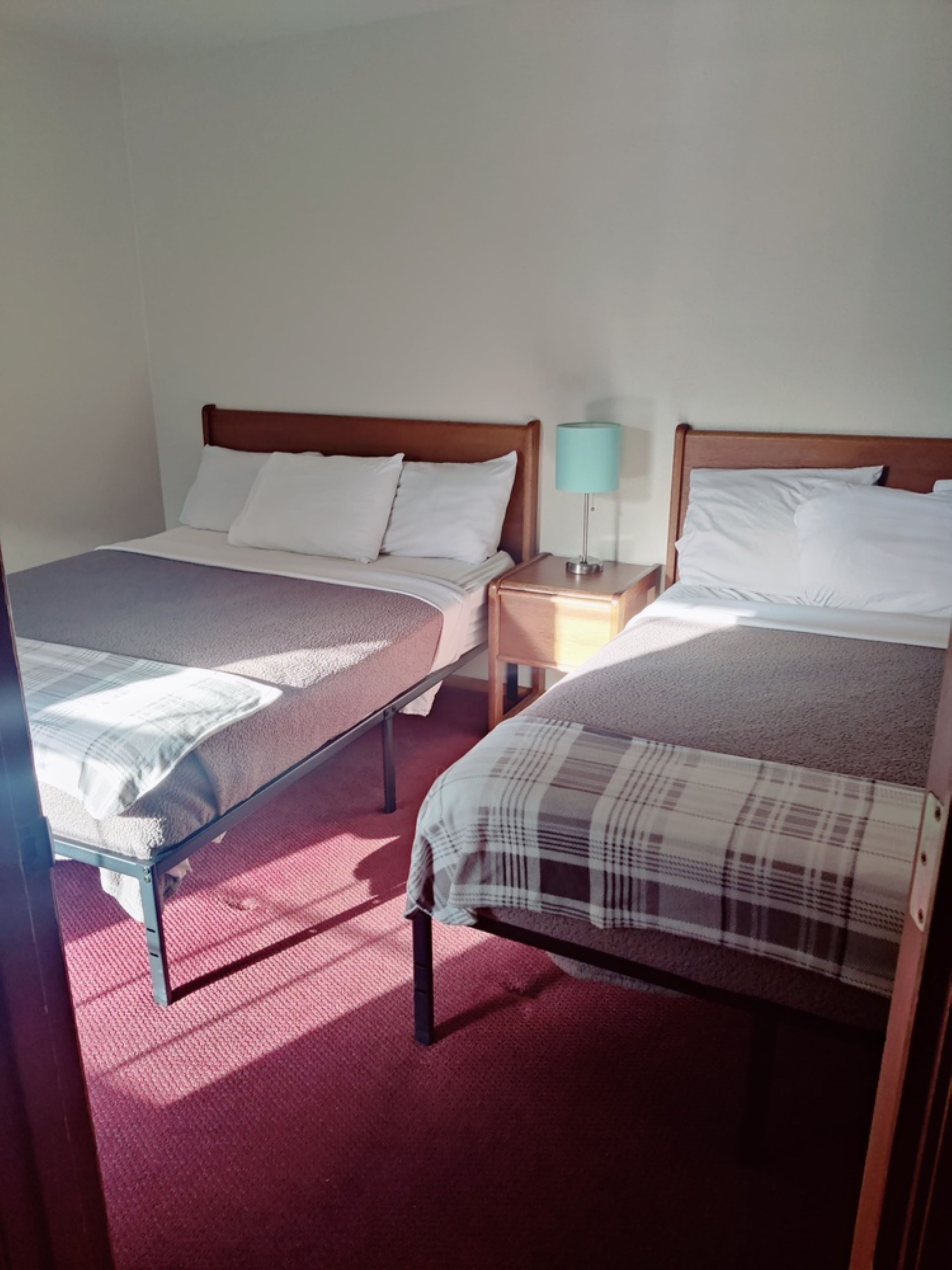 Two single beds with wooden headboards, a nightstand with a lamp, and a red carpeted floor.