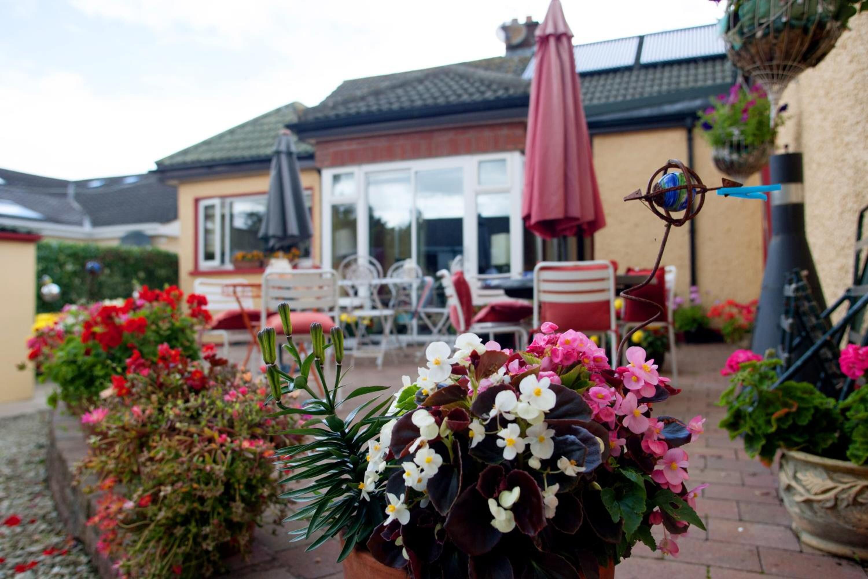A patio area with potted plants, outdoor furniture, and a house in the background.
