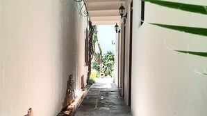 A narrow, paved corridor with white walls and hanging plants. - Casa Los Cantaros Hotel Boutique (Oaxaca)