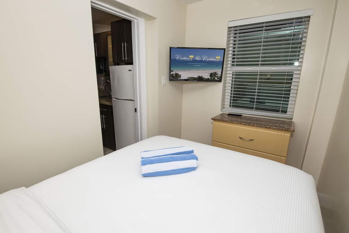 A bedroom with a bed, a window with blinds, a television on the wall, and a kitchen area visible through an open door.