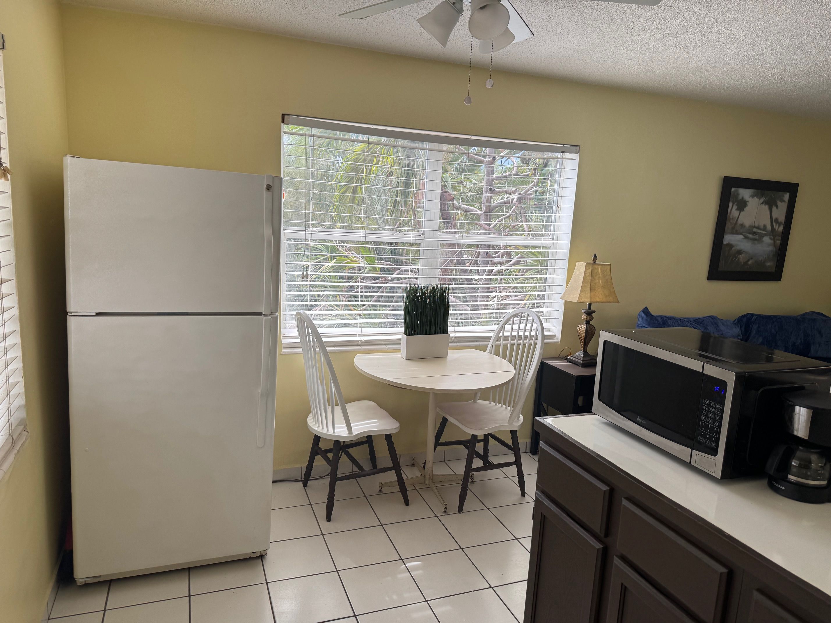 A compact kitchen with a refrigerator, microwave, and a small dining table with chairs.