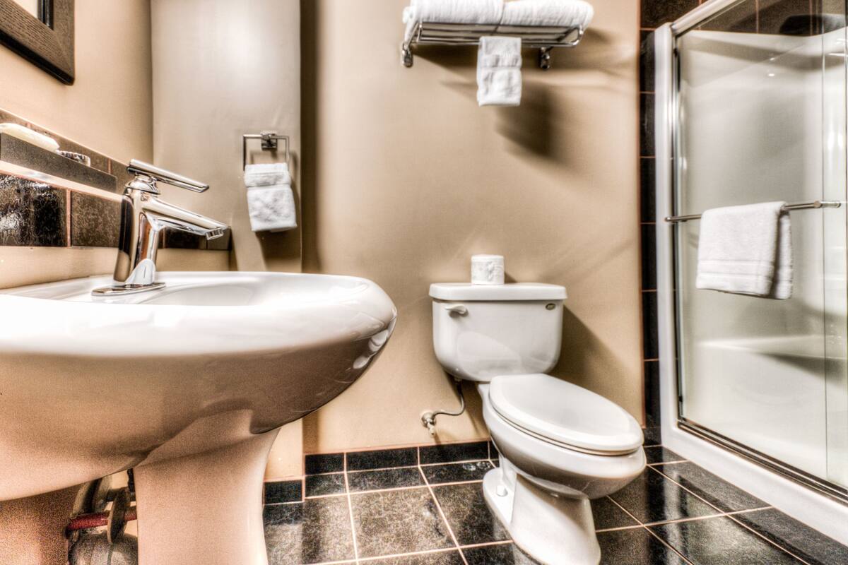 Un bagno con lavandino, servizi igienici e cabina doccia in vetro.