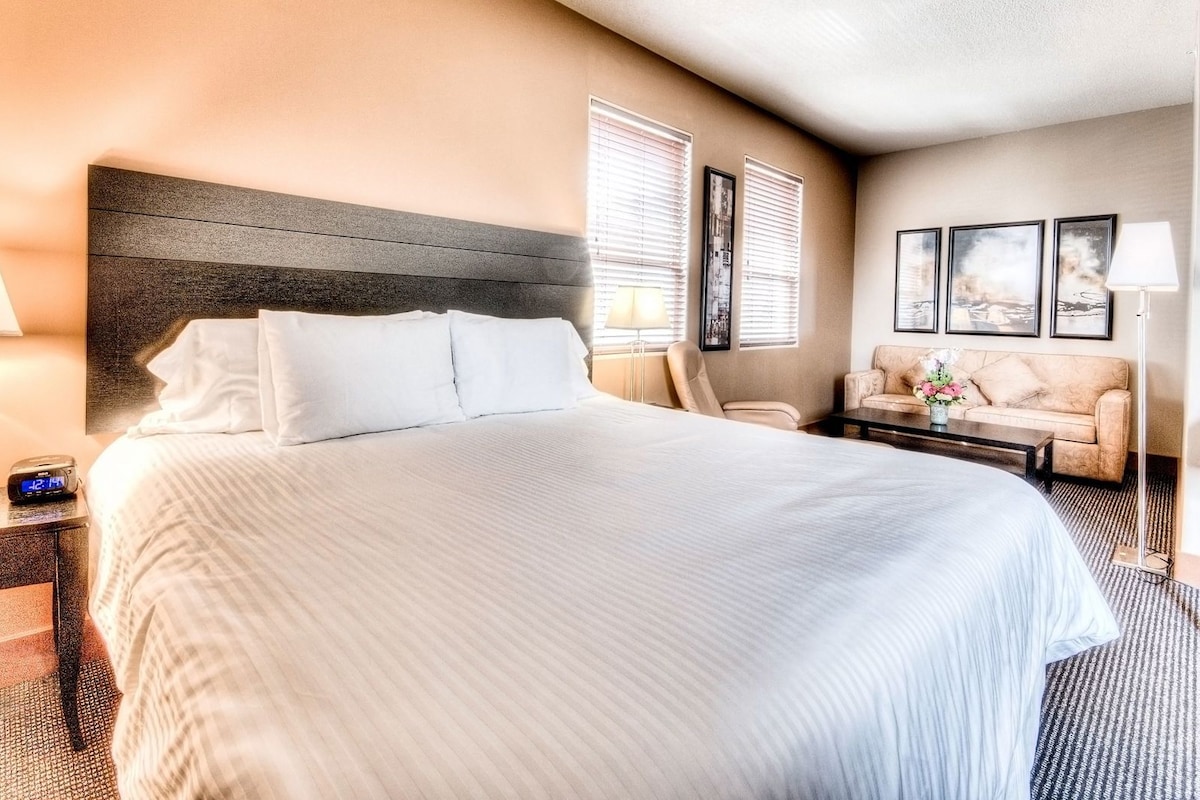 A hotel room with a large bed, a desk, a chair, a sofa, and a lamp.