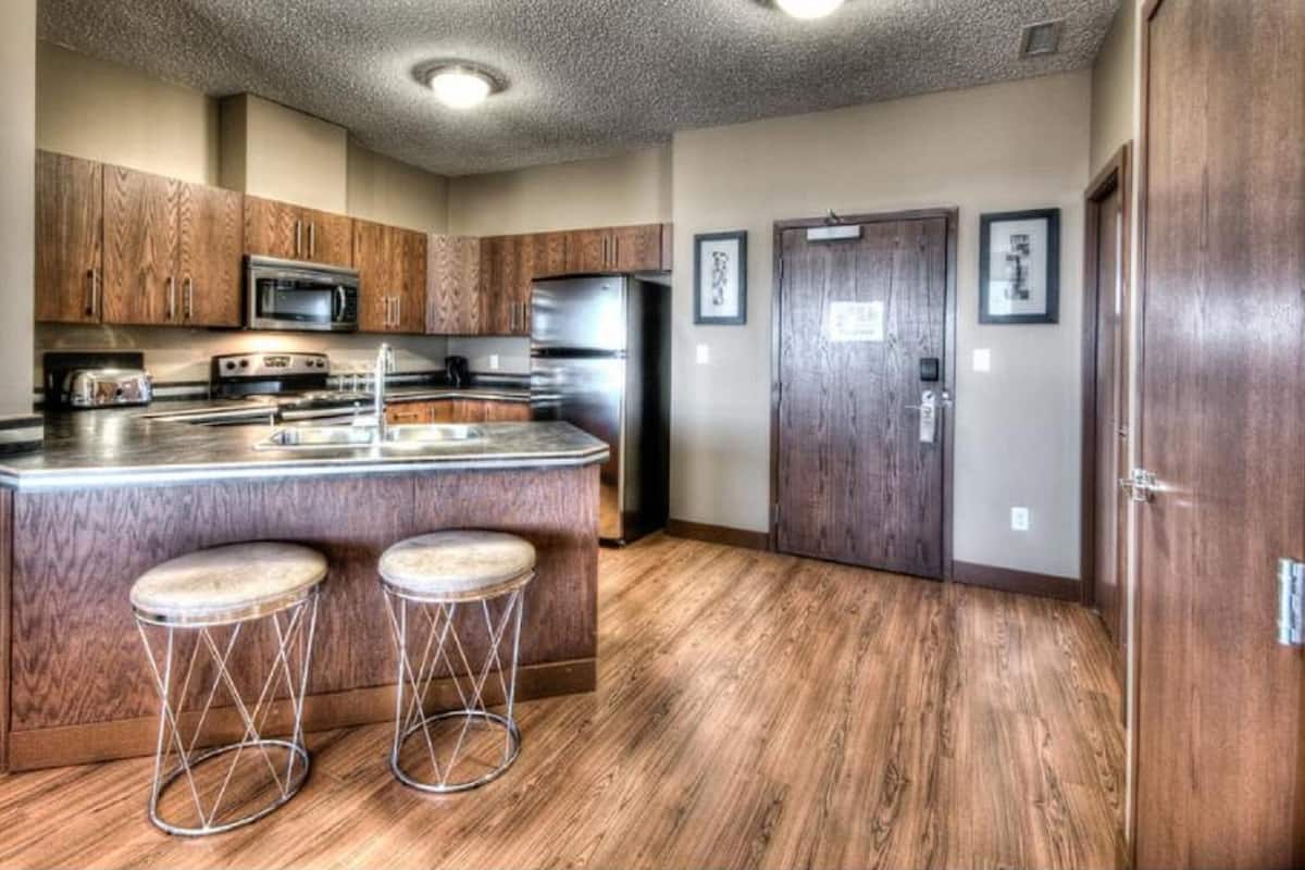 full-sized fridge, microwave, stovetop, dishwasher