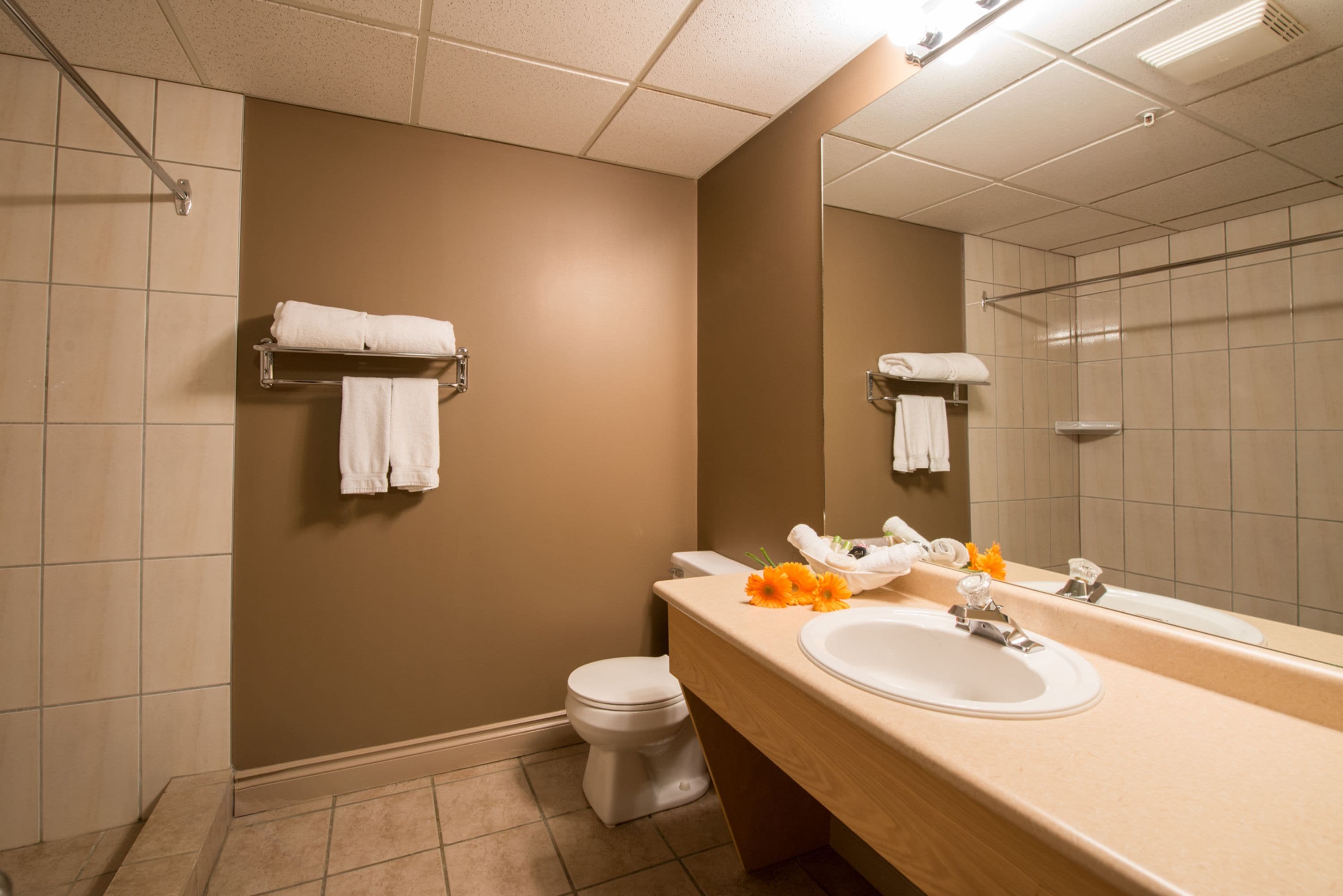 Un baño con pared color crema, inodoro blanco, lavamanos con espejo y zona de ducha.